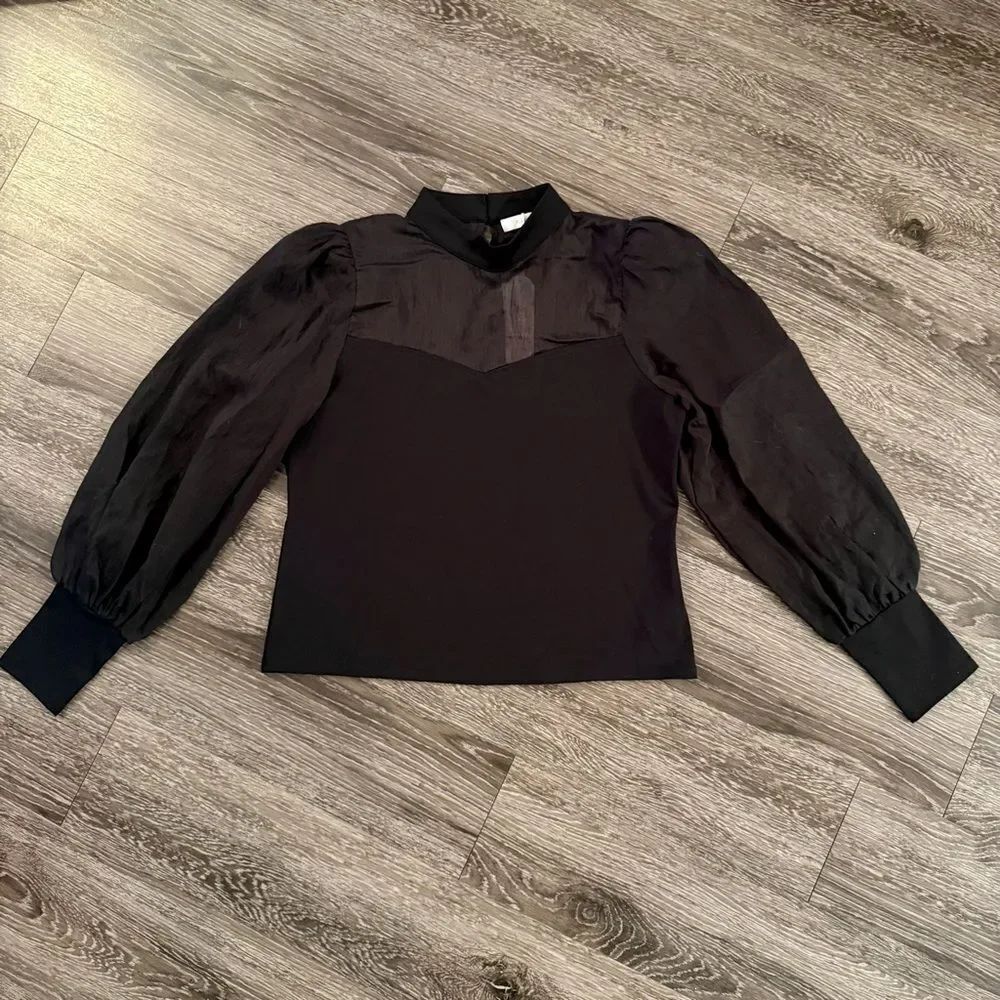 Flat White Sheer Sleeve Mock Neck Blouse New